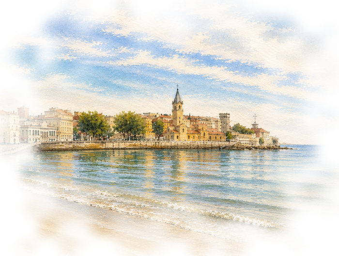 Acuarela de la playa y el casco antiguo de Gijón